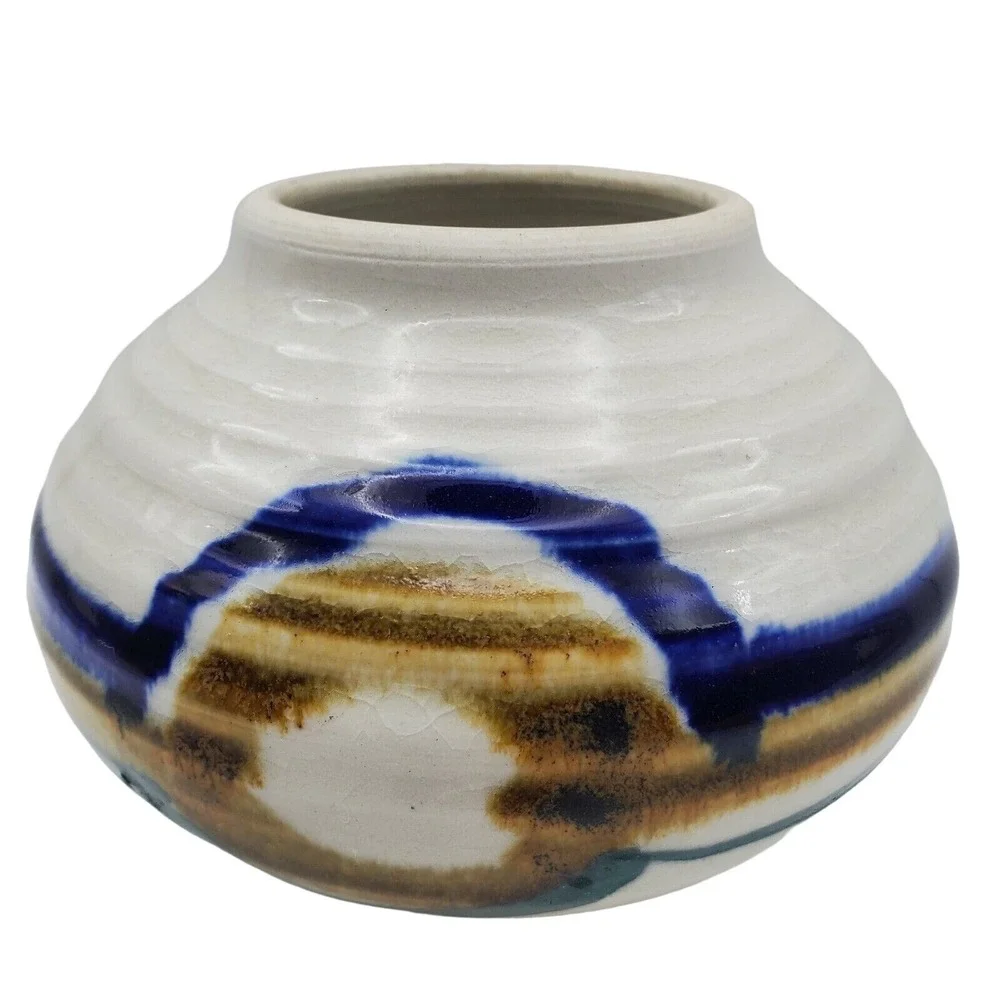 Art Pottery Squat Vase Round‎ Signed Hand Painted Arts & Craft Striped Pot Vtg